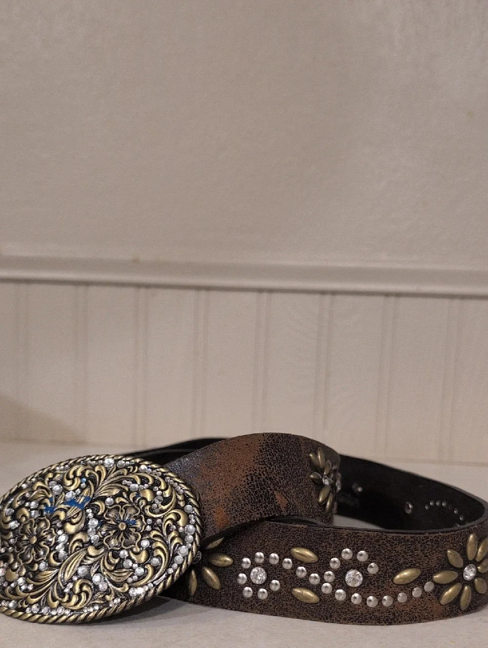 Nocona Studded Brown Leather Western Belt with Ornate Buckle Small - Picture 1 of 13